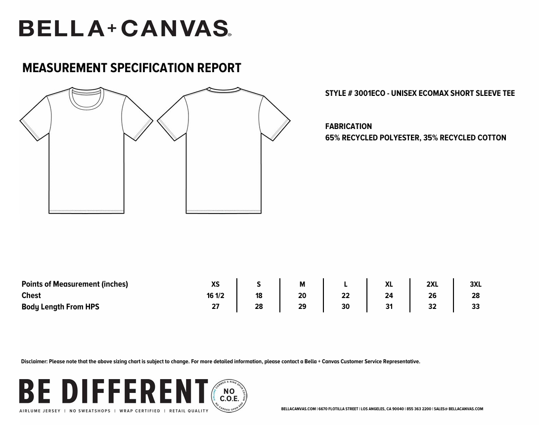Measurement specification report for Bella+Canvas t-shirt with size chart and fabric details.